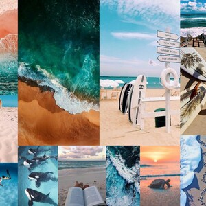 Puede incluir: Un collage de im&aacute;genes que muestran diferentes escenas de playa, incluyendo olas del oc&eacute;ano, playas de arena, palmeras, surfistas y un puesto de salvavidas. Las im&aacute;genes est&aacute;n dispuestas en una cuadr&iacute;cula y evocan una sensaci&oacute;n de relajaci&oacute;n y vacaciones de verano.