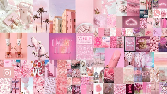 Baby pink Aesthetic wall collage kit 100pcs printable bougee | Etsy