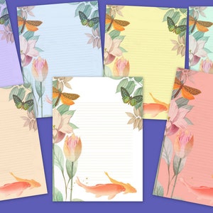 Papel de carta rayado, Flores, mariposas y peces japón Pack de hoja de color, negro, blanco y Antique descarga digital