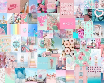 Kit de collage de pared estético azul y rosa, más de 100 piezas imprimibles en tonos azulados y rosados.