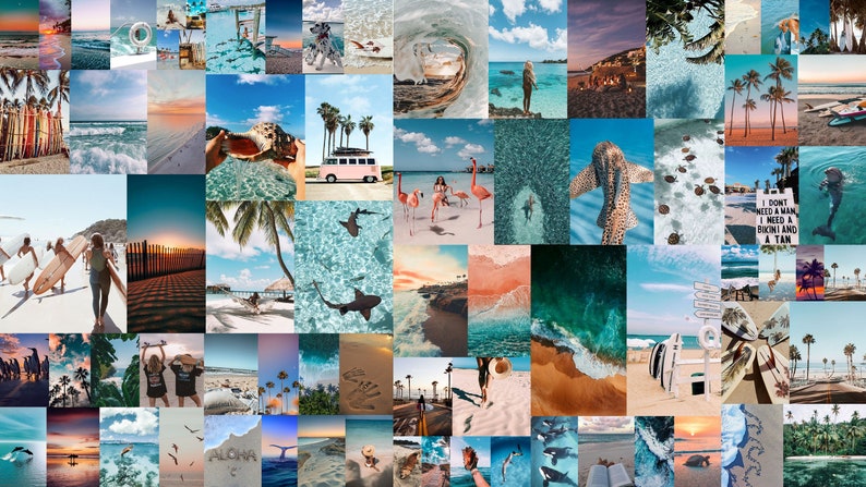 Puede incluir: Un collage de im&aacute;genes con tem&aacute;tica de playa. Las im&aacute;genes incluyen palmeras, olas del oc&eacute;ano, surfistas, arena y un flamenco rosado. El collage es una mezcla vibrante de azul, verde y blanco.