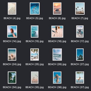 Puede incluir: Una colecci&oacute;n de 40 im&aacute;genes que muestran diversas escenas de playa, incluyendo vistas al oc&eacute;ano, playas de arena, palmeras y personas disfrutando de la playa.