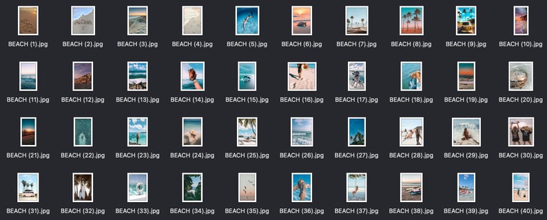 Puede incluir: Una colecci&oacute;n de 40 im&aacute;genes que muestran diversas escenas de playa, incluyendo vistas al oc&eacute;ano, playas de arena, palmeras y personas disfrutando de la playa.