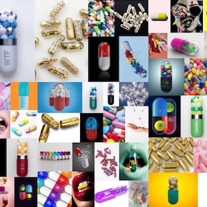 Pill Aesthetic wall collage kit 70 pcs printable fun multicolors pills collage