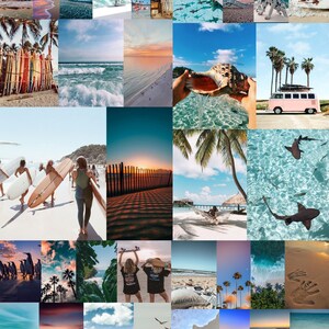 Puede incluir: Un collage de im&aacute;genes que presentan una variedad de escenas de playa, incluyendo palmeras, olas del oc&eacute;ano, surfistas y un autob&uacute;s rosa. Las im&aacute;genes est&aacute;n dispuestas en una cuadr&iacute;cula y todas son brillantes y coloridas.