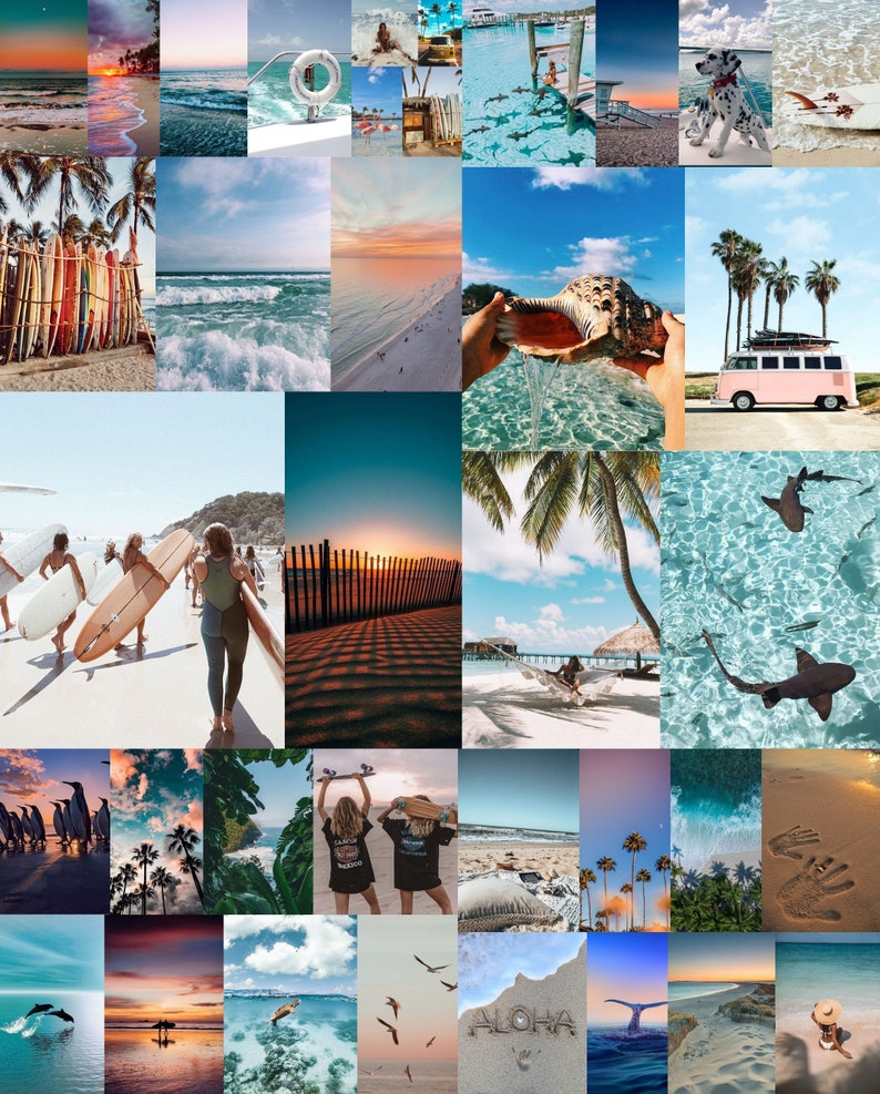 Puede incluir: Un collage de im&aacute;genes que presentan una variedad de escenas de playa, incluyendo palmeras, olas del oc&eacute;ano, surfistas y un autob&uacute;s rosa. Las im&aacute;genes est&aacute;n dispuestas en una cuadr&iacute;cula y todas son brillantes y coloridas.