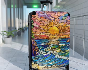 Tropical Beach Luggage - Unique Colorful Travel Gifts - Stained Glass Sunrise Ocean Suitcase | Colorful Beach Sunset Luggage