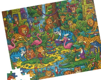 May include: A colourful jigsaw puzzle depicting a jungle scene with lions, tigers, leopards, and flamingos. The puzzle has a vibrant, detailed illustration with a waterfall and lush greenery. Some puzzle pieces are separate.