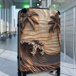 Bagageset tropisch strand, koffer oceaanvakantie palmboom, 3D-bagage palmboom en oceaan