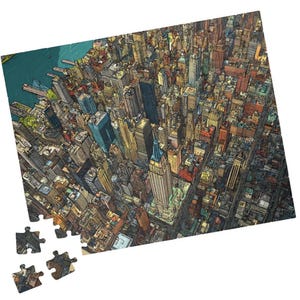 May include: A colorful jigsaw puzzle depicting a detailed aerial view of a city skyline, featuring numerous skyscrapers and buildings. The puzzle is partially assembled, with several pieces detached. The color palette includes shades of brown, yellow, blue, and green.