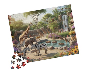 May include: A colourful jigsaw puzzle depicting a zoo scene with giraffes, zebras, elephants, and other animals near a pond and waterfall. The puzzle is partially assembled, with a few pieces scattered below.