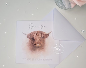 Personalized Highland Cow Birthday Card, Farm Animal Greeting