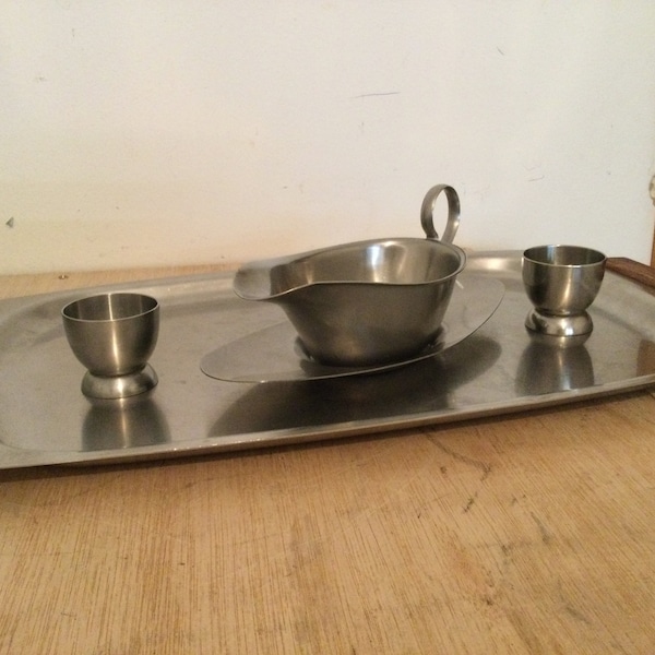 Mid Century Stainless Steel Tray, Gravy Boat and Egg Cups by Robert Welch for Old Hall Ltd