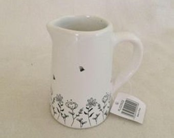 Small White Ceramic Milk Jug with Bee and Wildflower Design