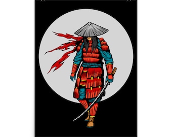 Samurai Warrior Print • Japanese Samurai Wall Art • Red & Blue Armor Poster • Japan Home Decor • Samurai Illustration
