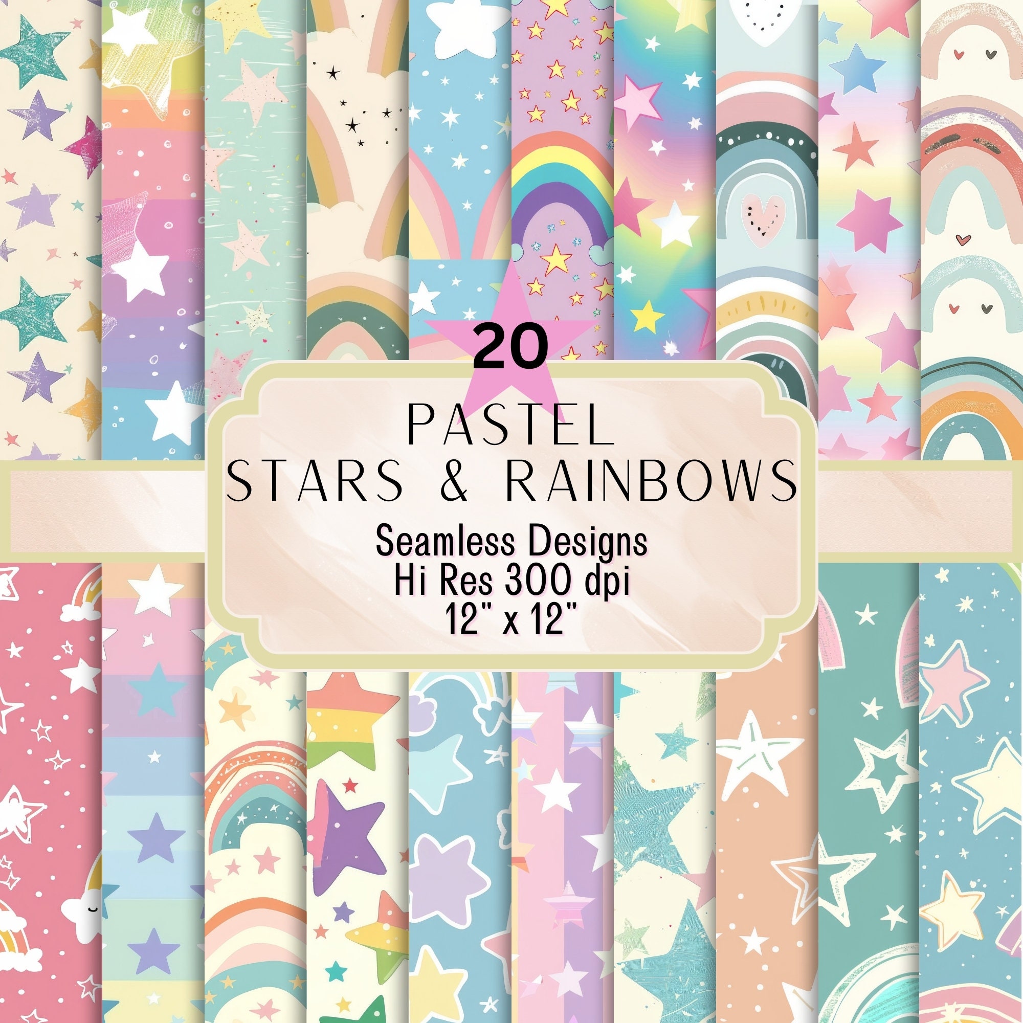 Pastel Rainbow and Stars Digital Paper Pack, Seamless Patterns, 12x12 ...