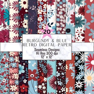 Confezione di carta digitale senza cuciture floreale bordeaux e blu, motivi retrò ad alta risoluzione 12x12, carta artigianale retrò alla moda per progetti fai da te
