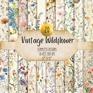 Digital Download Vintage Wildflower Seamless Pattern, 12x12 Scrapbooking Paper, Crafters JPG Files, Floral Background, DIY Invitation Decor