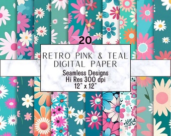 Retro Pink and Teal Floral Digital Paper, 12x12 Seamless Pattern, 300dpi High Resolution, Vintage Style for DIY Crafts, Groovy Retro Paper