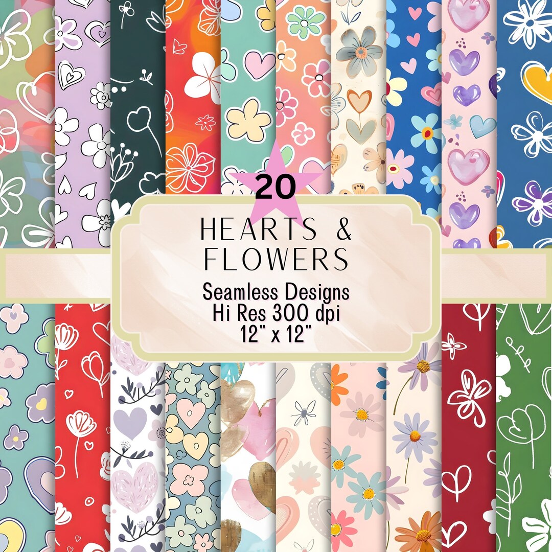 Seamless Hearts and Flowers Digital Paper Pack, 12x12 High-res 300dpi ...