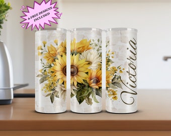 Personalized - Watercolor Wild Sunflowers 20oz Tumbler Sublimation Design, Digital Download PNG, Skinny Tumbler Wrap Art, Commercial Use