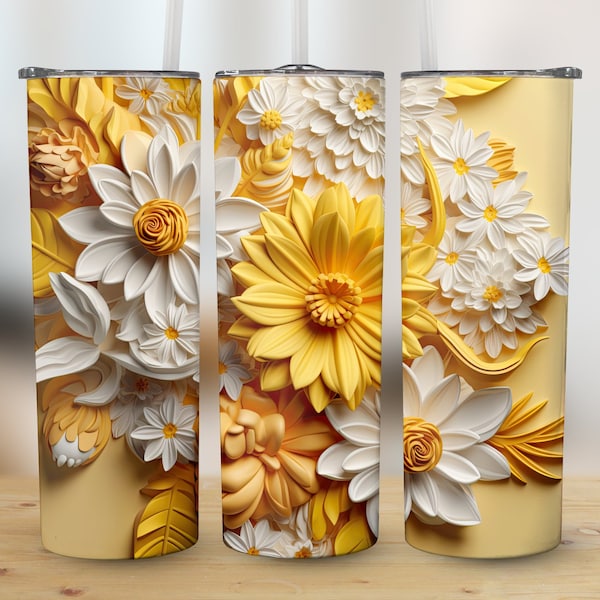 3D Yellow White Flowers 20oz Tumbler Sublimation Design, Instant Digital Download PNG, 20oz Skinny Tumbler Art, Tumbler Wrap, Commercial Use