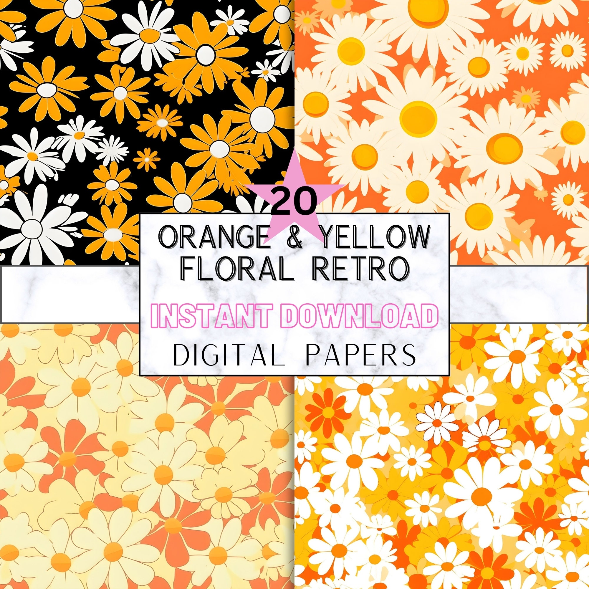 Orange and Yellow Floral Retro Digital Paper Pack, Seamless 12x12 Jpgs ...