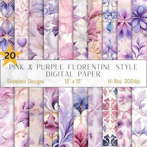 Papéis digitais rosa roxo estilo florentino, 20 designs perfeitos 12 x 12 polegadas 300 dpi, perfeitos para artesanato DIY e projetos de impressão sob demanda