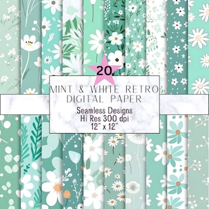 May include: A set of 20 digital papers featuring a mint green and white retro floral pattern. The papers are seamless and high resolution, measuring 12 inches by 12 inches.