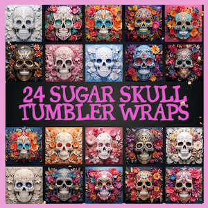Sugar Skull 20oz Tumbler Sublimation Design Bundle, Day Of The Dead, Instant Digital Download PNG, 20oz Skinny Tumbler Wrap, Commercial Use