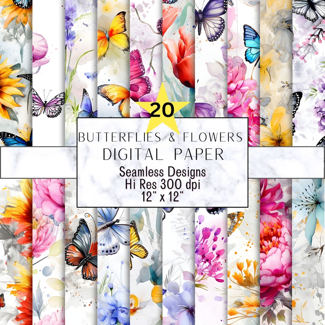 Watercolor Floral and Butterfly Digital Paper, Seamless 12x12 Patterns ...