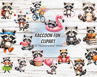 Conjunto de imágenes prediseñadas de mapaches, imágenes PNG de animales adorables, ilustraciones de mapaches de dibujos animados para manualidades y bricolaje, arte de mapaches, descargas digitales, uso comercial