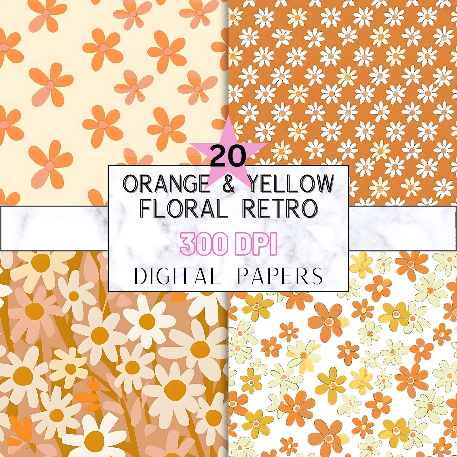 Orange and Yellow Floral Retro Digital Paper Pack, Seamless 12x12 Jpgs ...