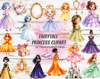 Bundle de cliparts princesse, 50 PNG de conte de fées, graphiques de princesse mignonne, art fantastique, usage commercial, téléchargement numérique, création de décoration de chambre d'enfant
