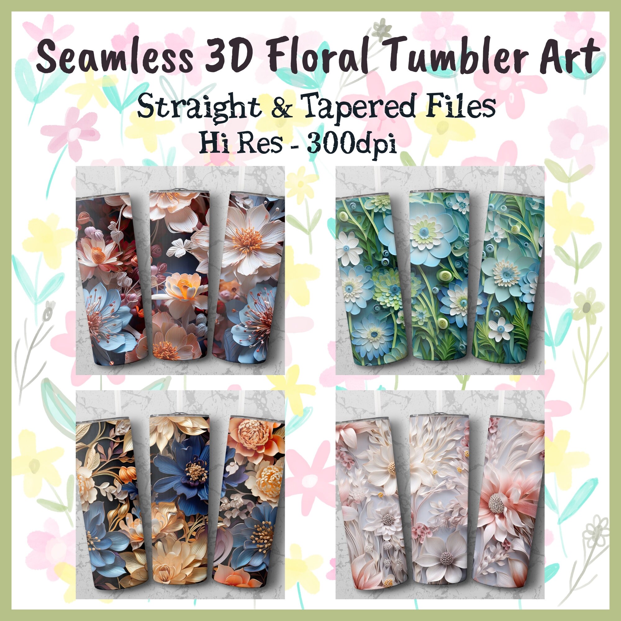 24 Seamless 3D Floral Wrap Bundle, 20oz Tumbler Sublimation Design ...