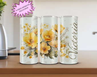 Personalized - Yellow Watercolor Flowers 20oz Tumbler Sublimation Design, Digital Download PNG, Skinny Tumbler Wrap Art, Commercial Use