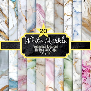 Può includere: Una collezione di 20 design di marmo bianco senza cuciture, ciascuno di 30,48 cm x 30,48 cm, con dettagli ad alta risoluzione. I design presentano colori oro, rosa, blu e verde, con intricati motivi di venature. Il testo sull'immagine recita "White Marble".