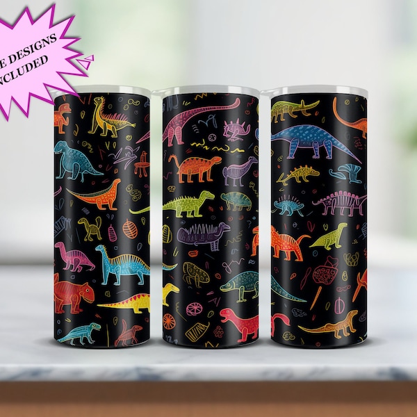 Chalkboard Dinosaurs 20oz Tumbler Sublimation Design, Instant Digital Download PNG, 20oz Skinny Tumbler Art, Tumbler Wrap, Commercial Use