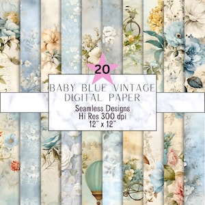 Vintage Blue Junk Journal Style Digital Papers, Baby Blue Floral Seamless Patterns for Crafting, 12x12 Inch, Shabby Chic Scrapbooking