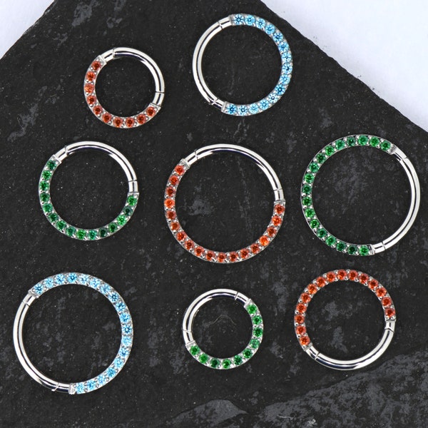 16G Garnet Aquamarine Emerald Segment Ring Daith/Septum Ring Hinged Clicker Ring Red Blue Green CZ Septum Ring