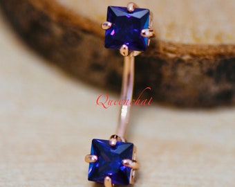 16G 316L Surgical Steel Square Dark Purple Blue CZ Navel Ring Belly Bar Belly Piercing Jewellery Birthstone Belly Button Ring