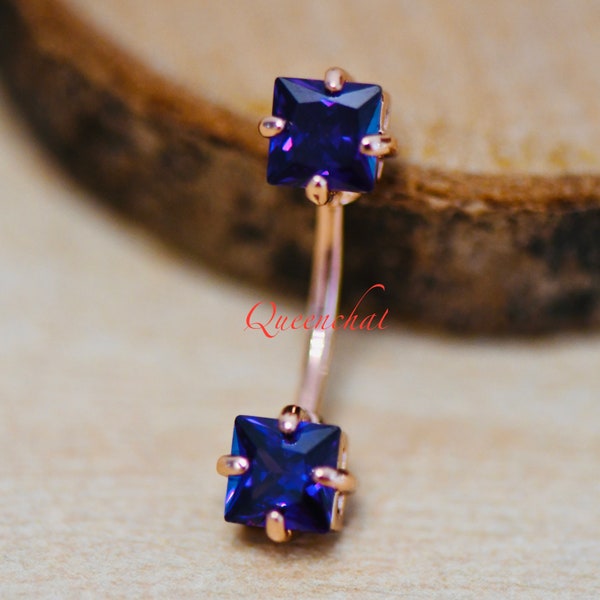 16G 316L Surgical Steel Square Dark Purple Blue CZ Navel Ring Belly Bar Belly Piercing Jewellery Birthstone Belly Button Ring