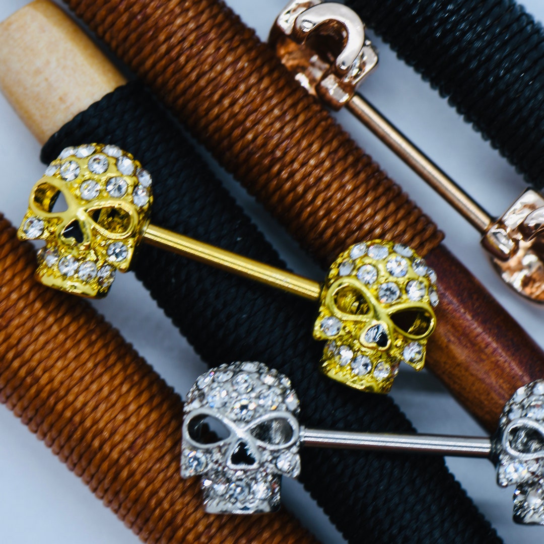 14G Skeleton Head Nipple Bars Sparkling CZ Skull Design, 316L