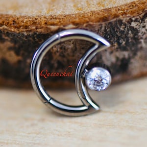 316L Surgical Steel 16G Sparkling CZ Moon Daith, Rook Piercing Cartilage Ring Hinged Segment Ring
