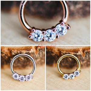 16G 316L Surgical Steel Three CZ Septum Segment Cartilage Piercing Earring Gold Silver Clicker Rook, Daith Ring Earring