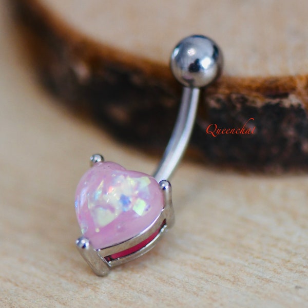 316L Surgical Steel 14G Pink Opal Belly Bar, Navel Ring Belly Piercing Jewellery