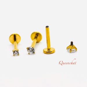 F136 Implant Grade Titanium Internally Threaded Gold Labret 18g, 16g, 14g With Clear CZ
