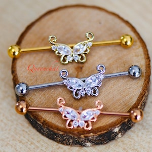 14G Butterfly Industrial Barbell • 316L Surgical Steel Long Bar • Industrial Ear Piercing Jewelry • Cartilage Scaffold Bar Earring