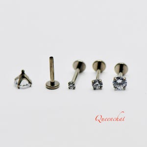 F136 Implant Grade Titanium Internally Threaded Silver Labret 18g, 16g, 14g With Clear CZ