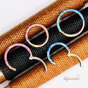 316L S/S 16G Blue Opal, Pink Opal Gold Segment Ring Hinged Septum Clicker Ring Conch Tragus Helix Hoop 8mm, 10mm